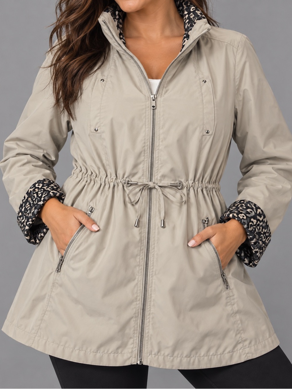 JM Collection Women’s Large Beige Lightweight Jacket Animal Print Lining Zip